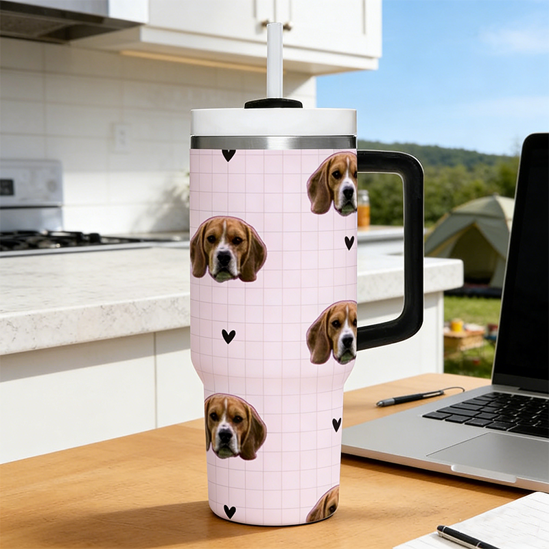 Personalized Pet Portrait, 40oz Vacuum Insulated Stainless Steel Tumbler with Handle & Straw, Custom Background (Optional), Dog & Cat Design, Gift for Pet Lovers, Car Commute & Outdoor Use