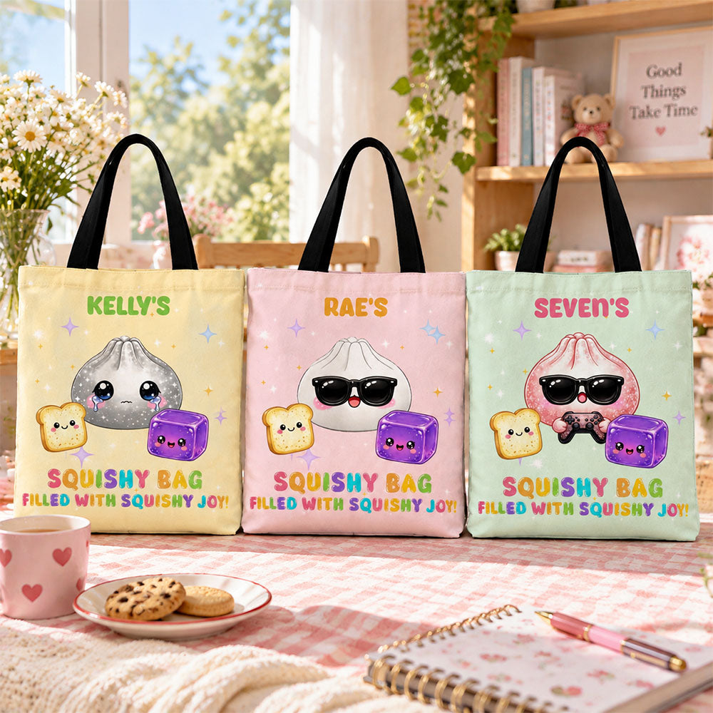 Squishy Bun and Toast Characters, Personalized Canvas Tote Bag for Kids, Birthday Gift and Everyday Use