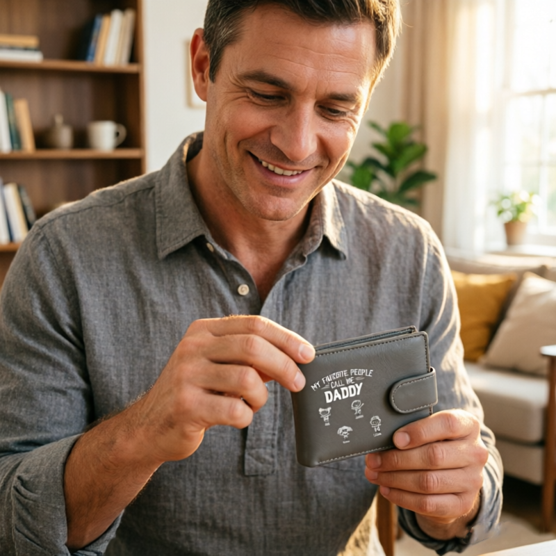 Personalized Leather Men's Wallet, Printed With a Simple Line Drawing of a Little Person, "My Favorite Person Calls Me...", a Perfect Gift for Family Members Such as Dad, Grandpa, or Other Respected Elders.