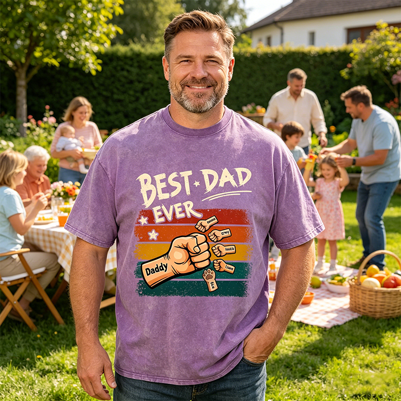 Best Dad Ever Classic Tee, Personalized Fist Bump Family Shirt With Retro Stripes, Unique Gift For Daddy