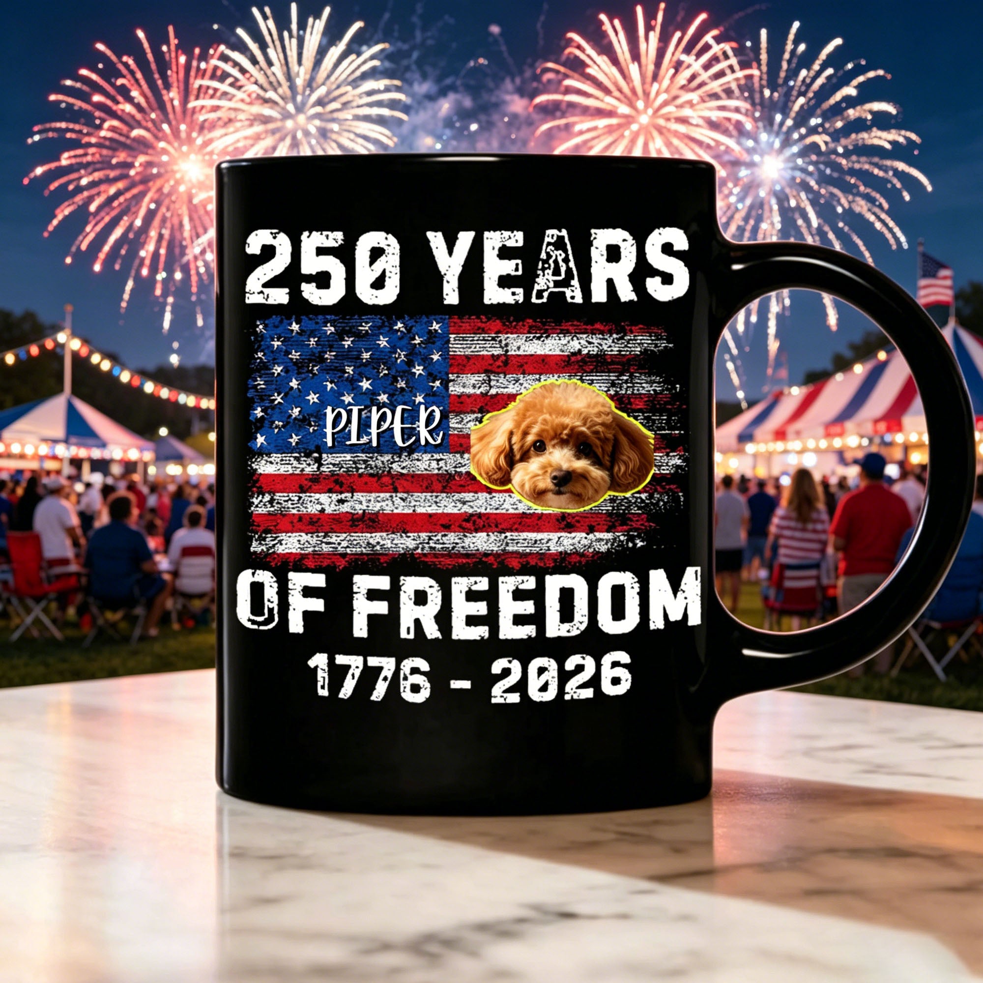 Personalized Customized Pet Photos American 250th Anniversary Freedom Black Mug, suitable for mutual gift-giving among pet owners