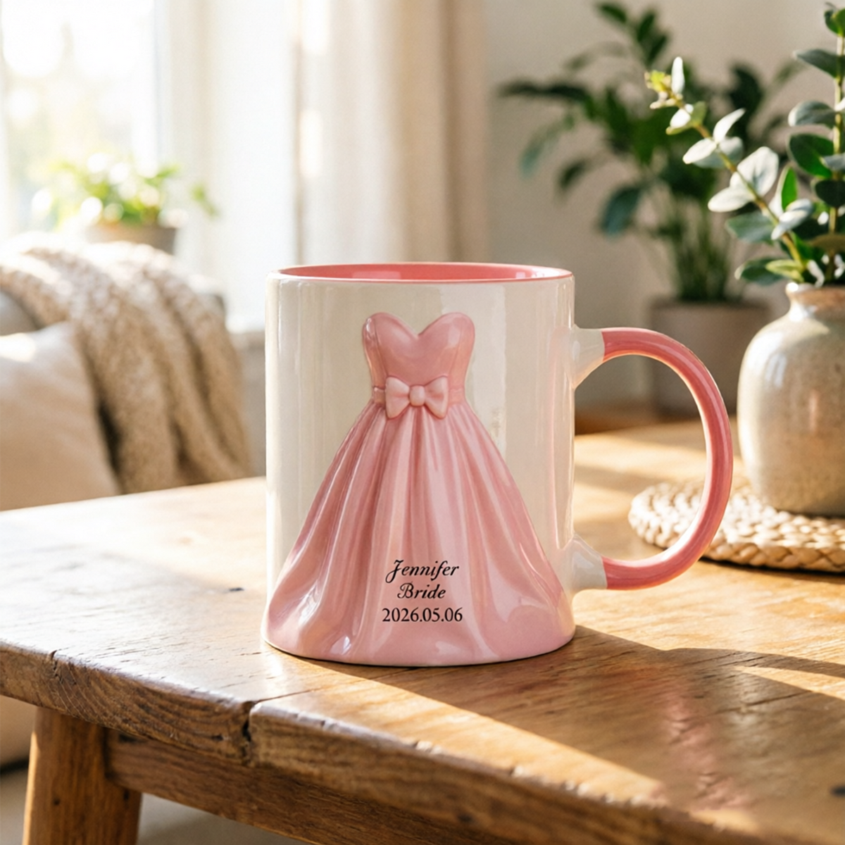 Personalized Custom Wedding Mugs For The Bride And Groom, Featuring Designs Of The Wedding Dress And Suit. A Great Gift For The Couple