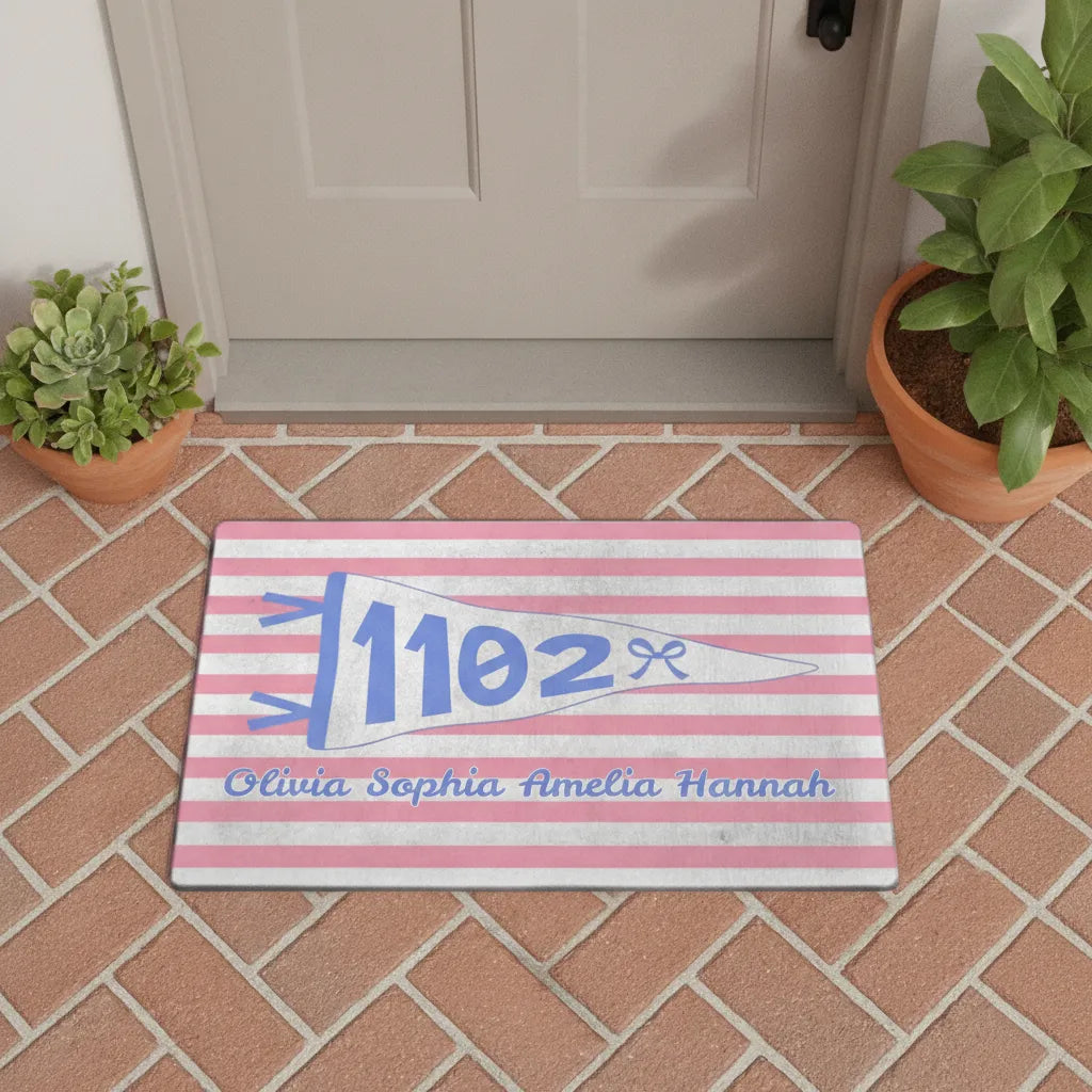 Custom Dormitory Door Plate and Doormat, Stripes & Triangle Pennant Decor, Multi-Color Available, Special Gift for Dorm Entryway