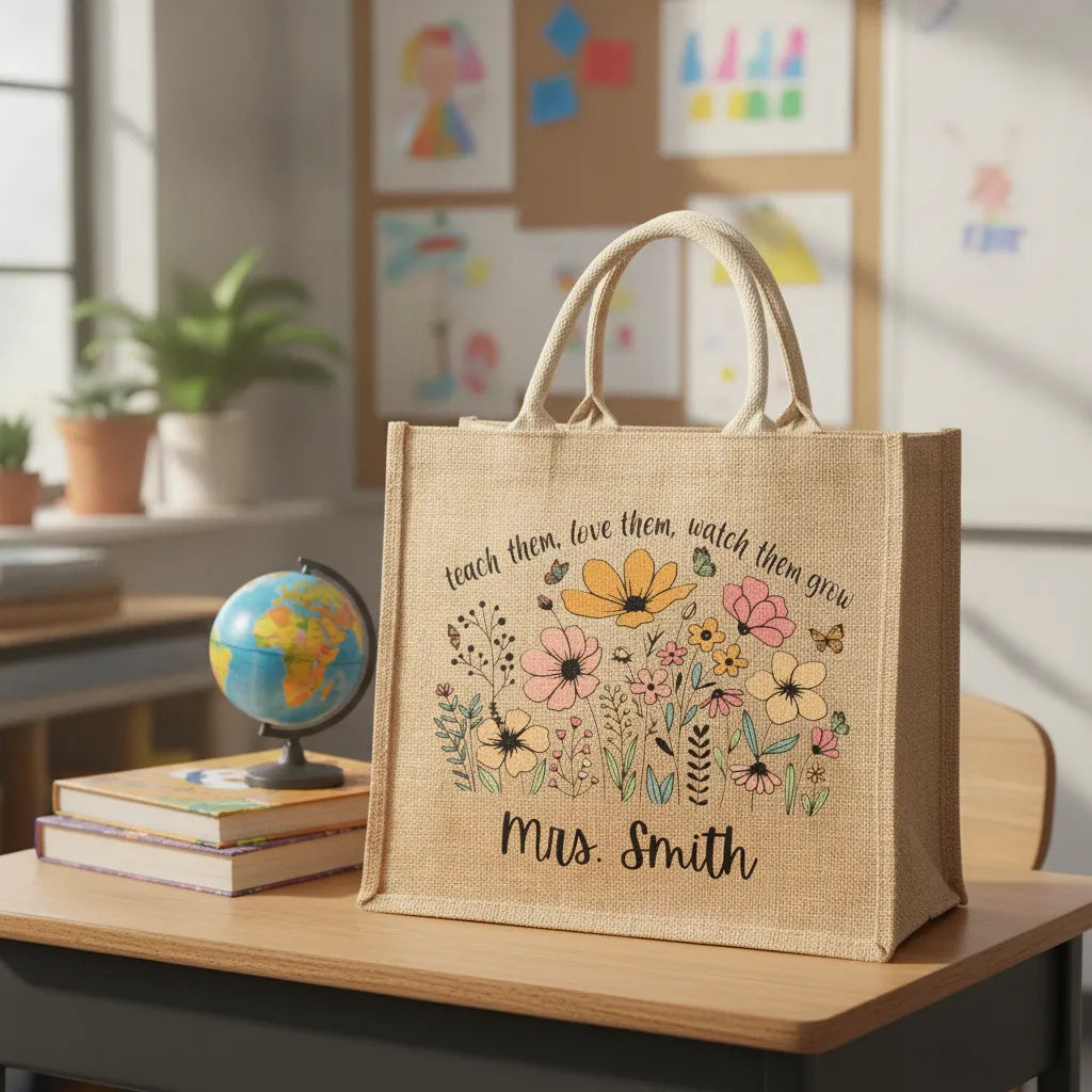 Personalized Custom-made Jute Canvas Handbag, "Teach Them, Love Them, Watch Them Grow", A Special Gift For Teachers On Their Return To School