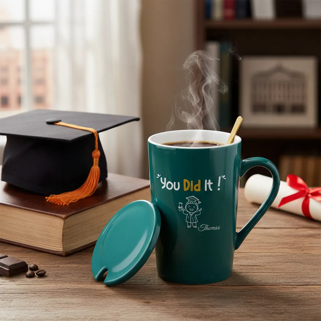 You Did It Vintage Look Coffee Mug with Lid and Spoon, Personalized Name Style - Everyday Congrats Gift