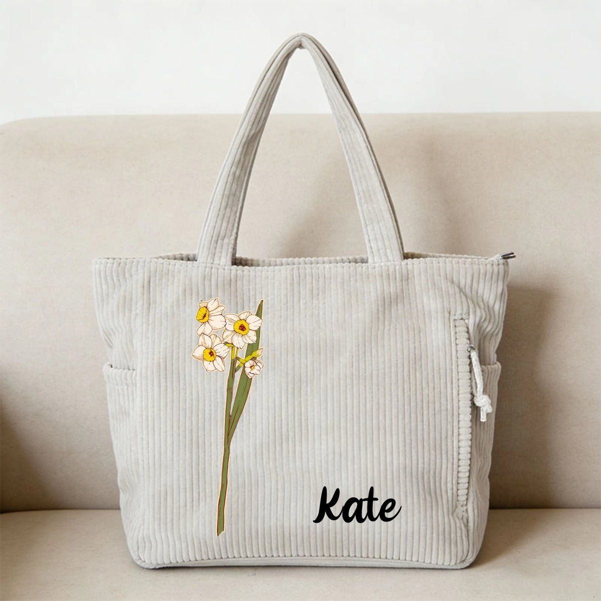 Personalized Corduroy Tote Bag, Custom Birth Month Flower & Name Embroidery, Perfect Gift for Her / Mom / Best Friend, Daily Use, Birthday, Christmas, Graduation