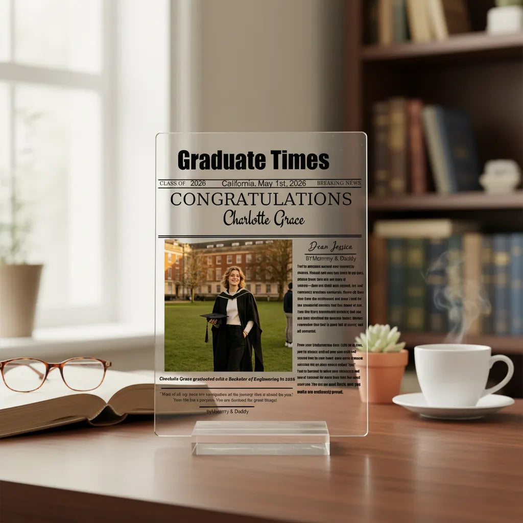 Personalized photo and school name newspaper-style acrylic decorations. Present this unique and interesting gift to your graduating friends, classmates and children.