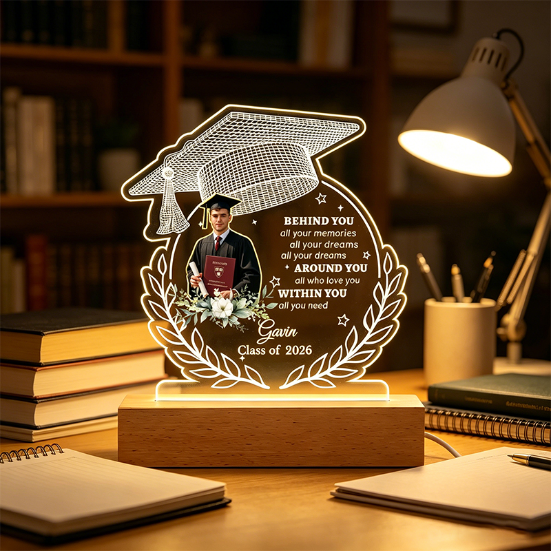 Graduation Cap Acrylic LED Night Light, Personalized Custom Photo Name Year Gift for Graduate Class of 2026, Keepsake for Him Her Friend from Family