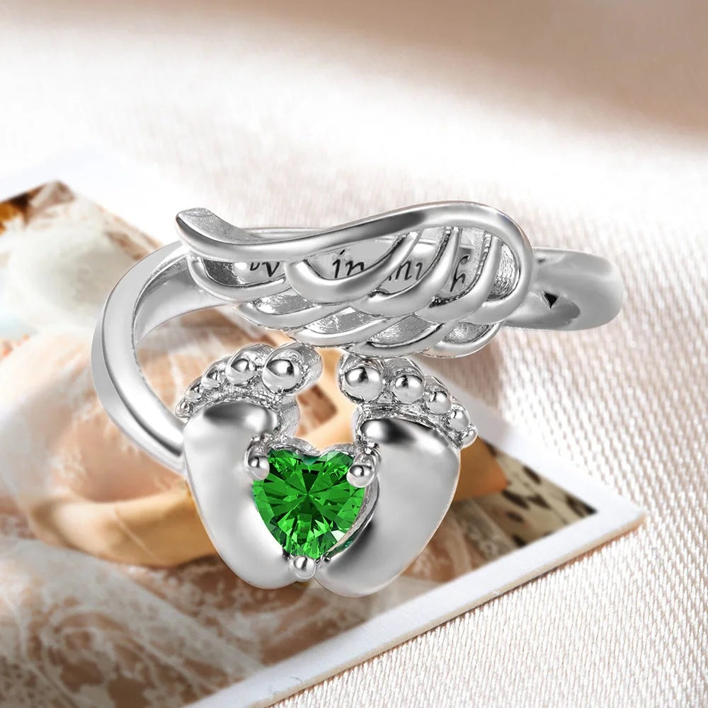 Personalized Engraved Angel Wings And Heart-Shaped Birthstone Ring, Featuring Gemstones In 12 Colors Representing The Birth Month, Perfect For Women, A Birthday, Valentine's Day, Or Anniversary Gift.