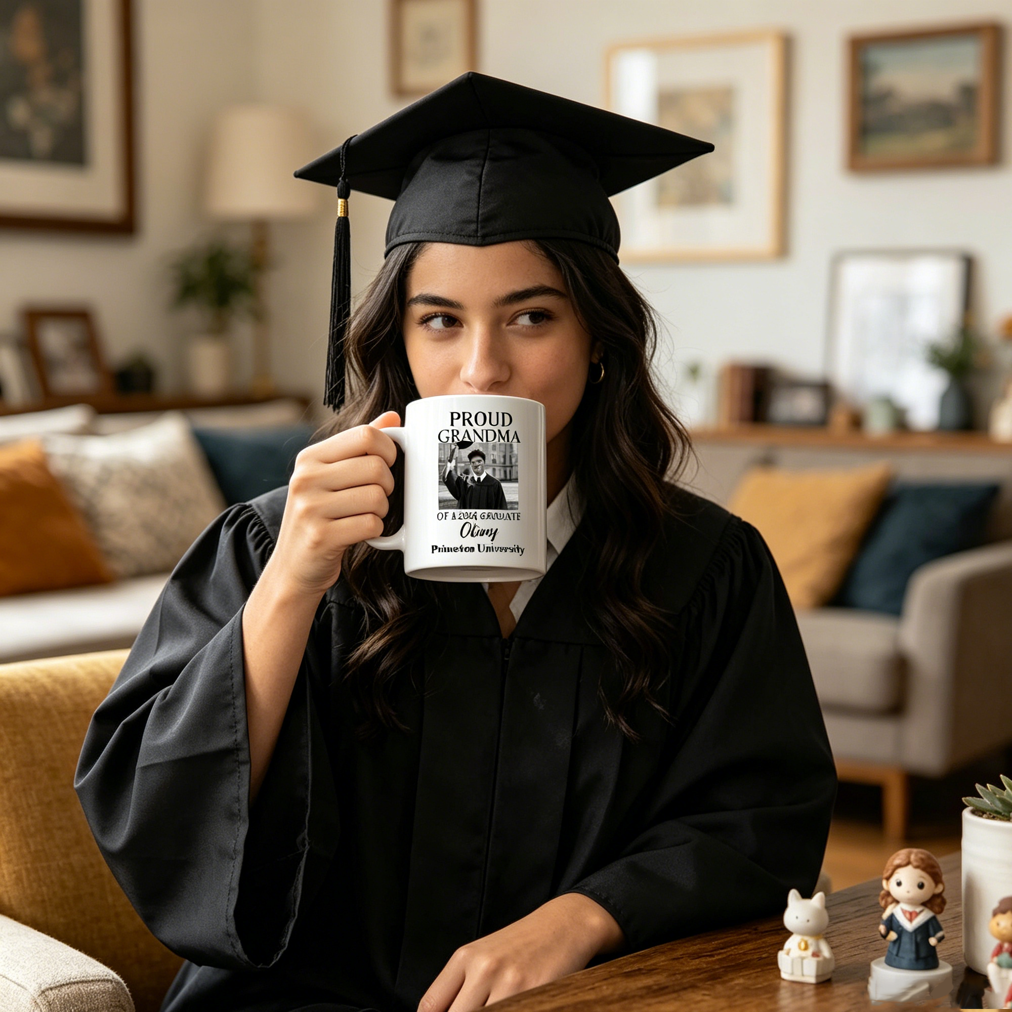A white mug with a personalized graduation photo and name, perfect as a gift for your proud grandchildren.