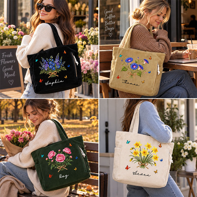 Custom Birth Flower Corduroy Tote Bag, Personalized Name Handbag for Women, Ideal Birthday Gift