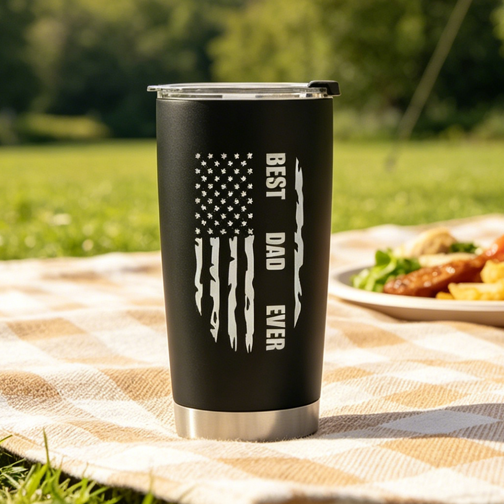 Personalized Insulated Travel Tumbler With Funny Dad Nutrition Facts Design, "Best Dad Ever" Patriotic Flag Print, Custom text, Travel-Friendly Mug, Unique Gift For Coffee-Loving Dads