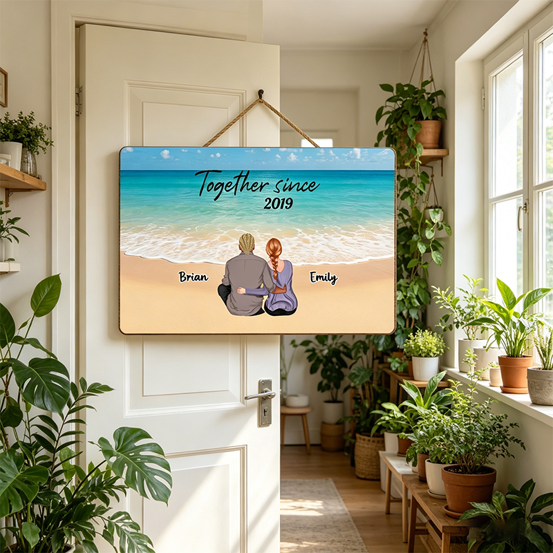 Personalized Wooden Door Hangings, Featuring A Sunset View Of A Couple By A Lake, Perfect For Anniversaries Or Housewarming Gifts.