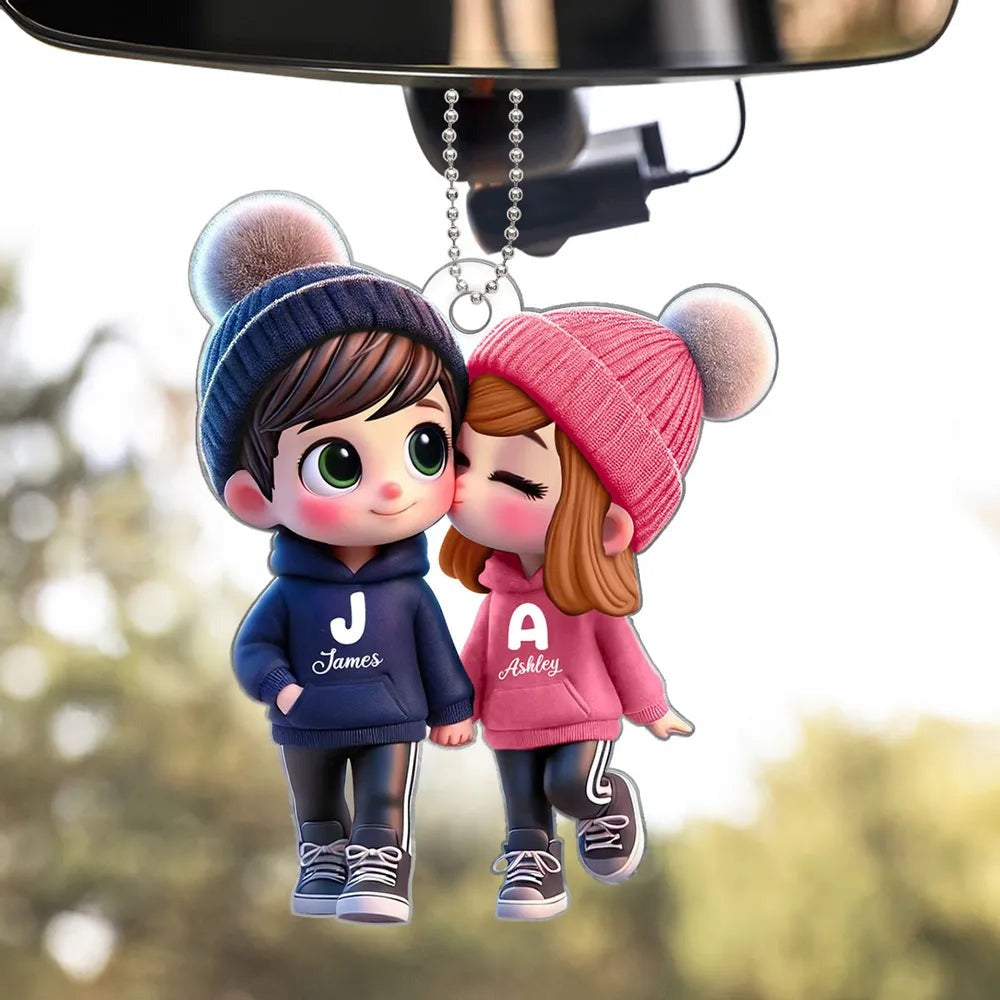 Cute Couple Kissing Personalized Acrylic Car Hanger Custom Name Gift for Couples, Girlfriend & Boyfriend