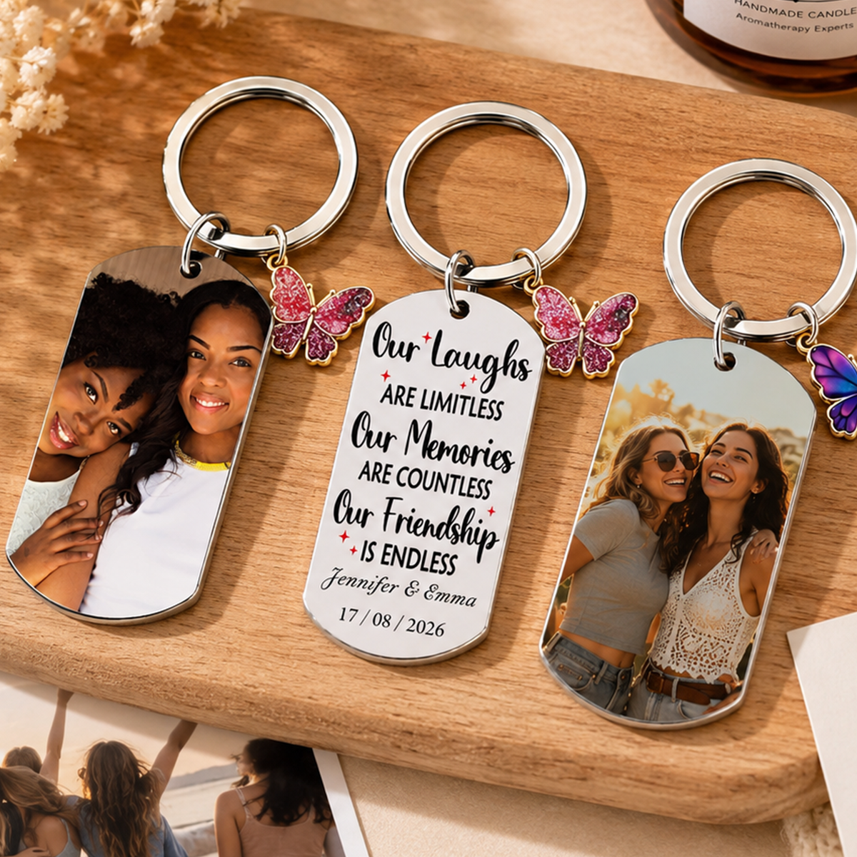 Custom Butterfly Charm Photo Keychain, Upload Photo & Engrave Custom Name, "Our Friendship Will Never End" Engraved Keepsake, Heartfelt Gift for Friends, Classmates and Loved Ones
