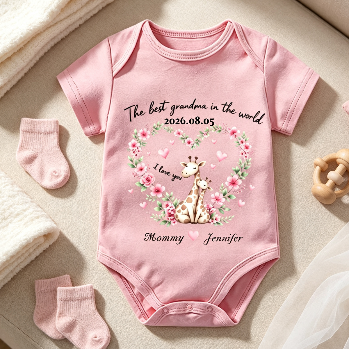 Personalized Baby Onesie, Adorned with Mother‑Baby Giraffe Art, Heartfelt Newborn Gift for Expectant & New Parents