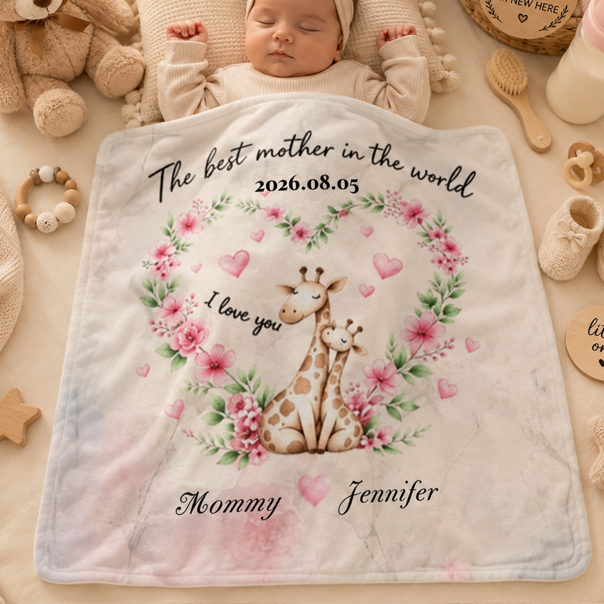 Personalized Baby Blanket with Mother‑Baby Giraffe Design, Heartfelt Sentimental Gift for New Moms and Dads