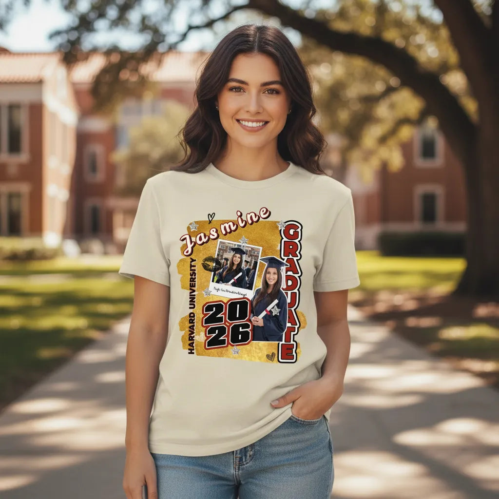 Personalized Graduate Photo Classic Tee, Custom 2026 Graduation Shirt With Retro Gold Print, Unique Keepsake Gift For Class Of 2026