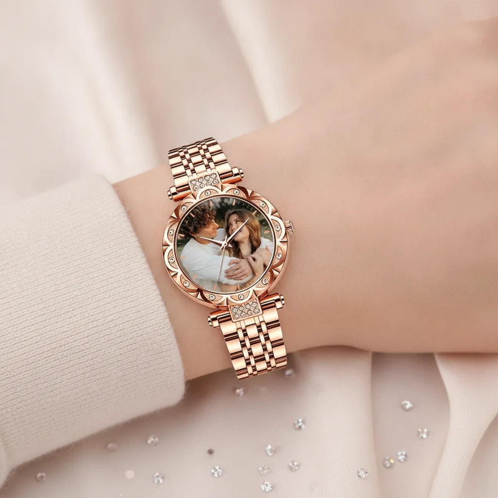 Personalized Photo Dial Design, Custom Rose Gold Diamond Watch, The Perfect Gift For Lovers