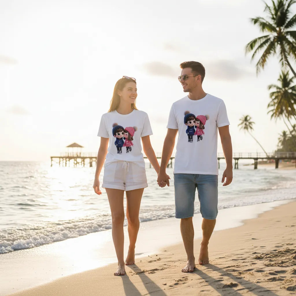 Cute Couple Kissing Printed Personalized T-shirt, Customized with Name & Portrait, Perfect Gift for Couples, Boyfriend & Girlfriend for Anniversaries, Valentine's Day, or Just Because