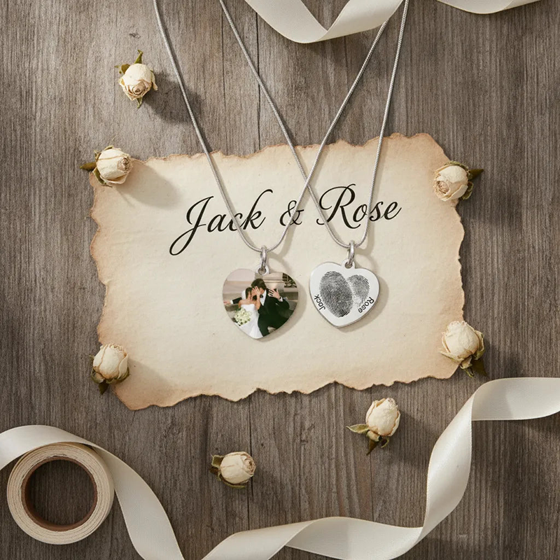 Custom Fingerprint Photo Heart Necklace, Personalized Couple Name Jewelry, Anniversary Gift for Her, Wedding Keepsake
