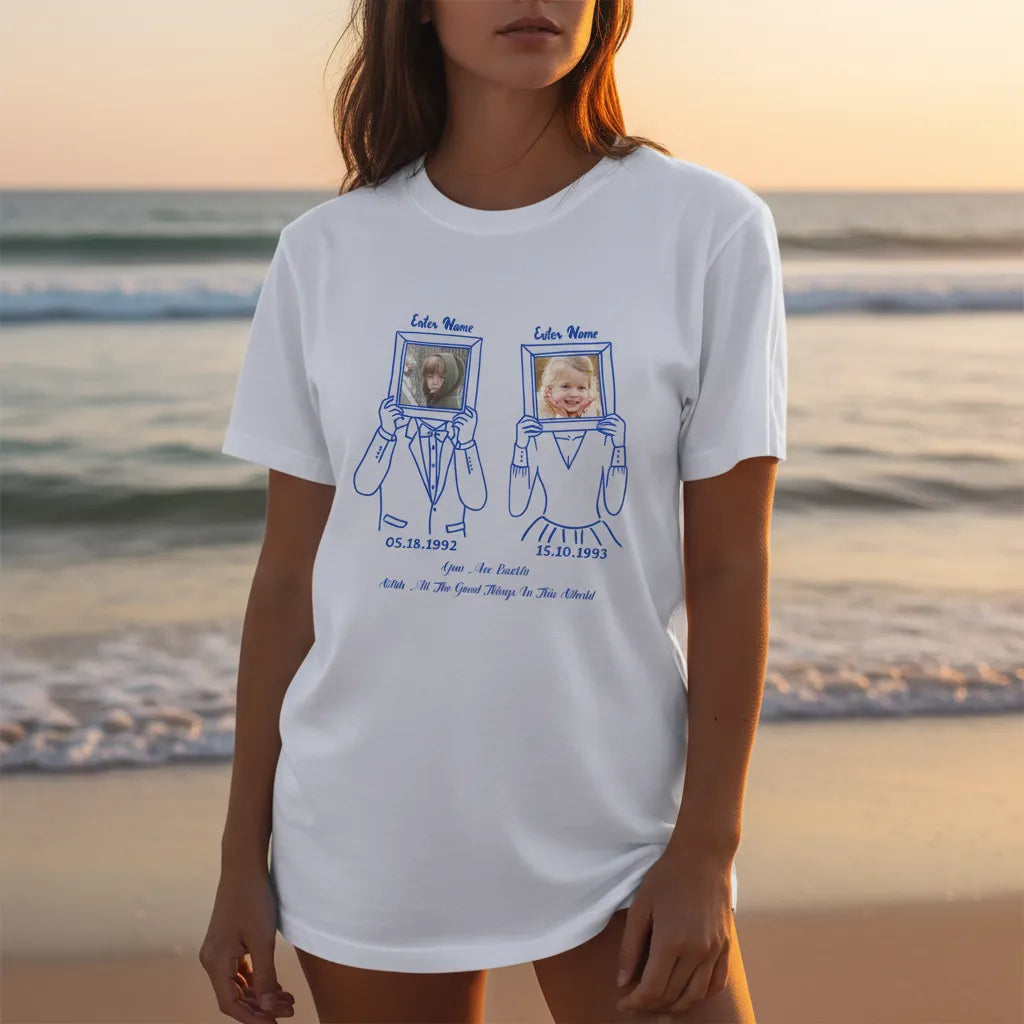 Personalized Couple Sketch Photo Frame T-Shirt Design, Customizable Names, Dates & Photos Tee, The Perfect Gift For Your Partner & Soulmate