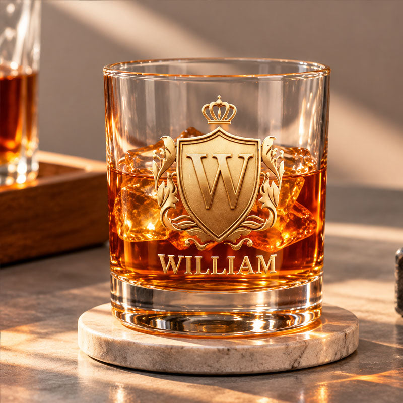 Personalized Whiskey Glass with Gold Emblem Accent, Classic Old Fashioned Cocktail Tumbler, Premium Birthday Gift for Men and Whisky Lovers