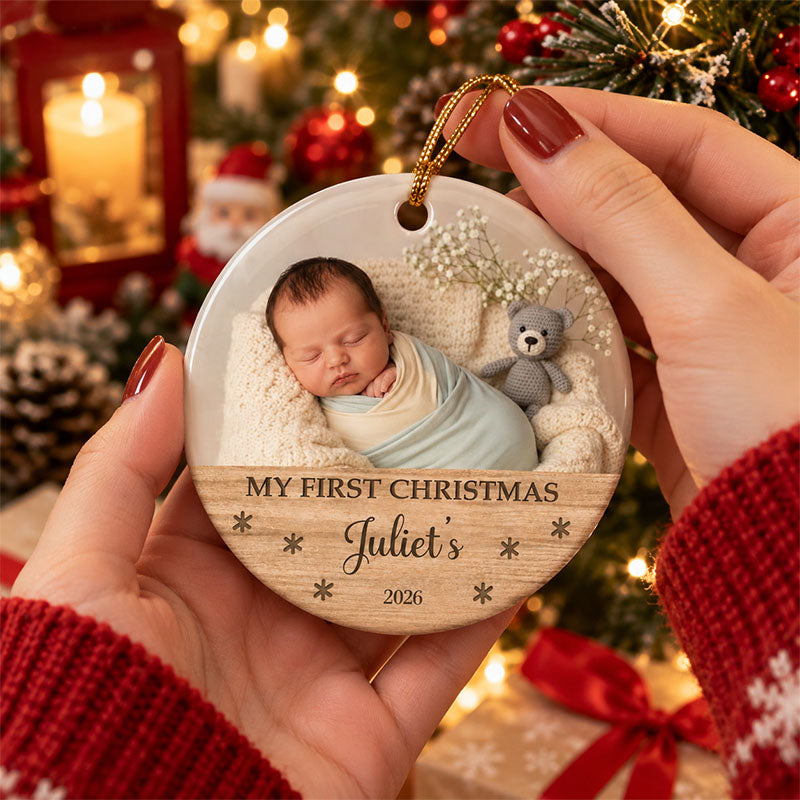 Round Ceramic Photo Ornament, Personalized Custom Baby Keepsake for New Parents First Christmas