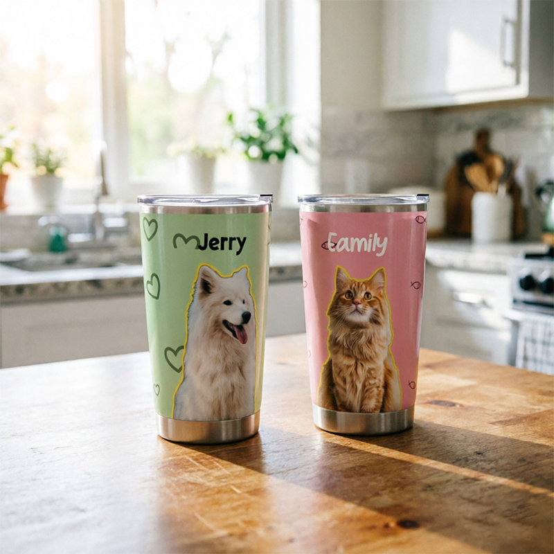 Personalized Pet Photo, Heart/Fish/Paw Pattern, Name Customization, Insulated Travel Tumbler, Gift for Pet Lovers, Dog/Cat Owners, Birthdays, Christmas