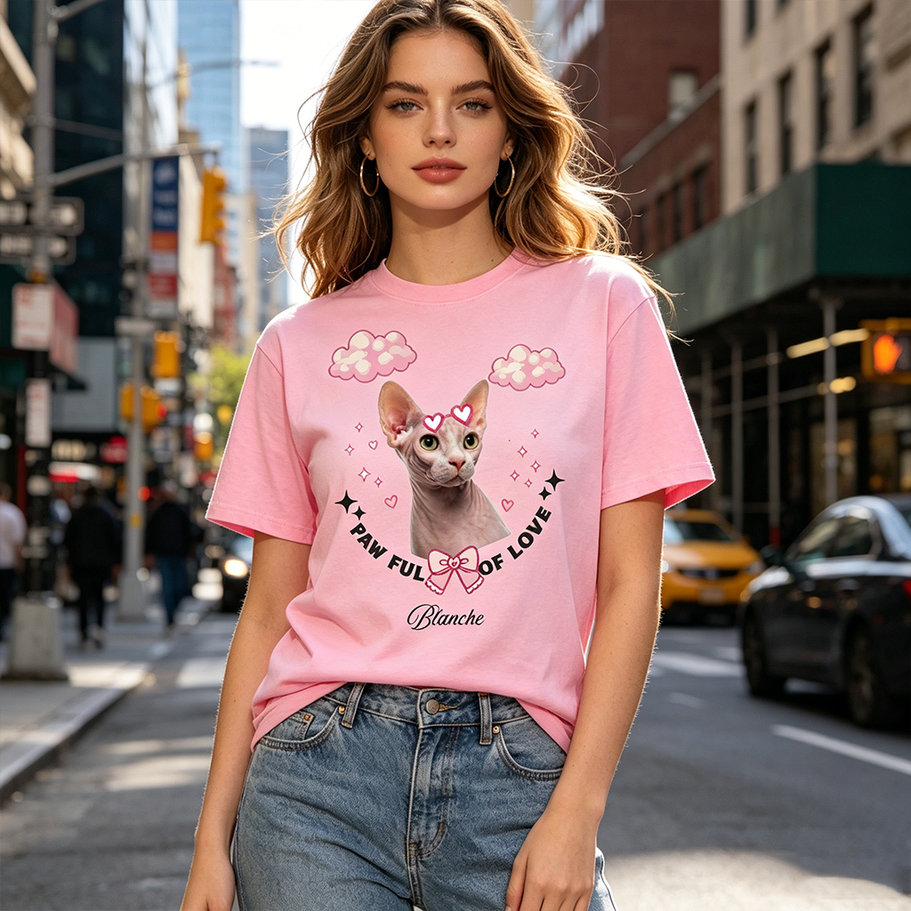 Custom Cat Portrait & "Pawful Of Love" T-Shirt Design, Personalized Pet Print Tee, The Ideal Gift For Pet Owners