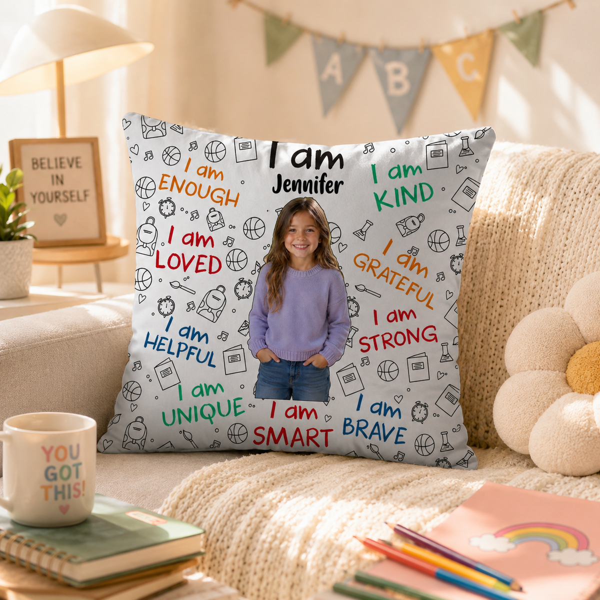 Personalized Kids Photo Throw Pillow, Thoughtful New Semester Gift For Children