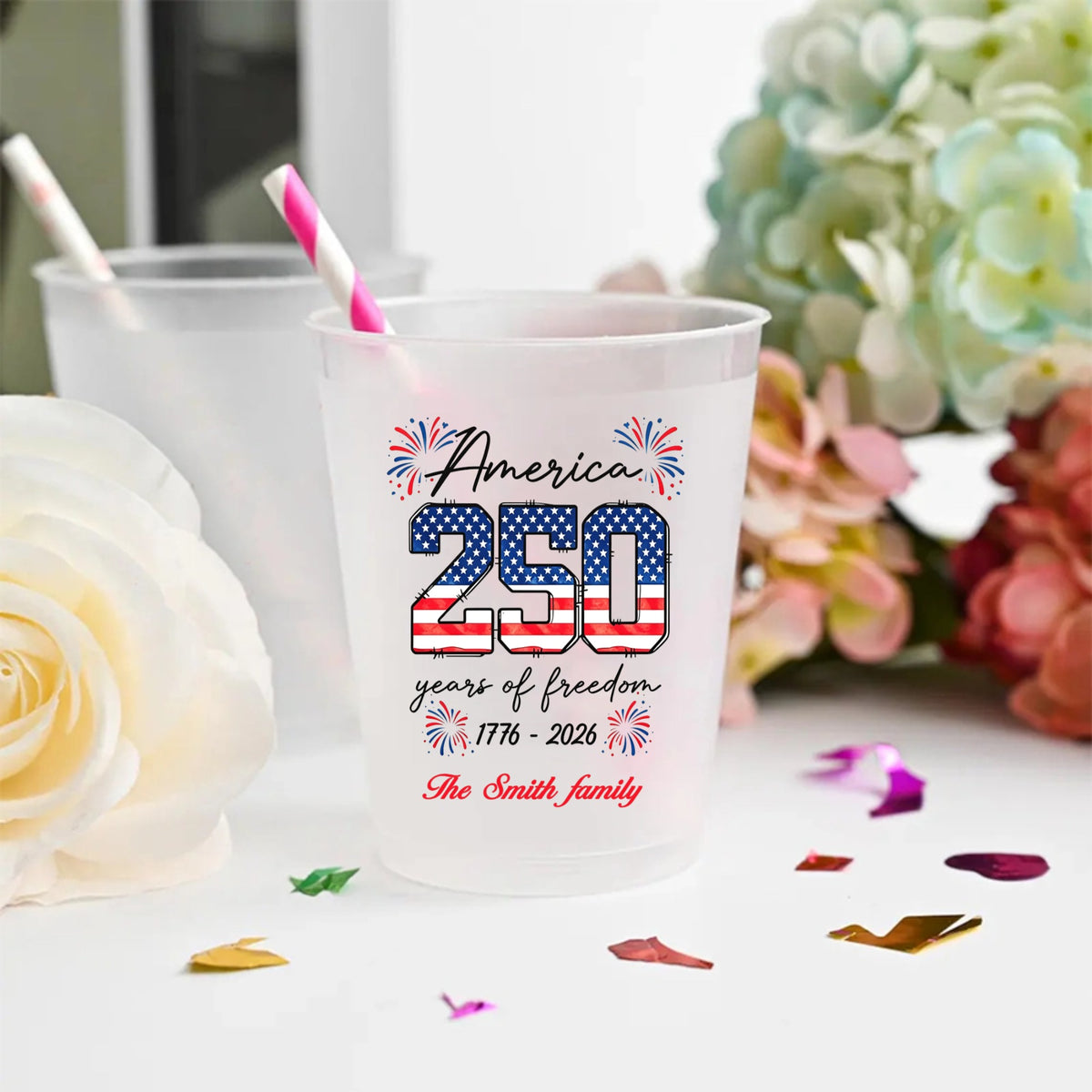 A One-time Frosted Cup With Personalized Customized Family Names. It Can Be Given To Friends, Family Or Colleagues On Independence Day For Use At Parties