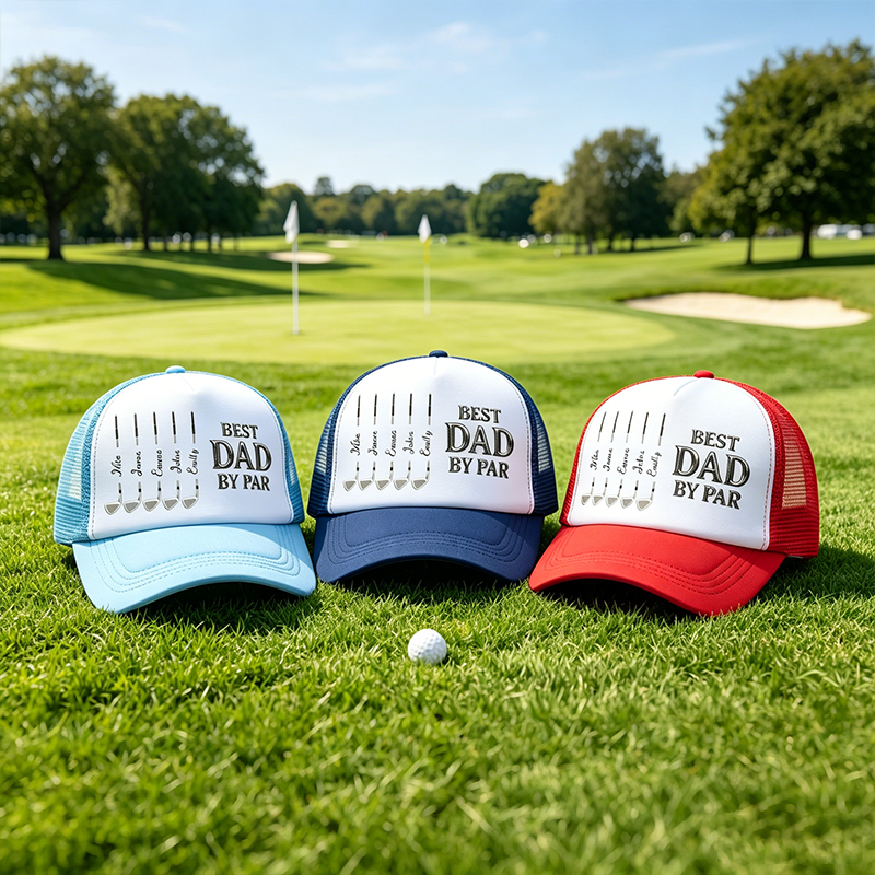 Personalized Custom "Best Father" Mesh Baseball Cap, Featuring A Golf Club Design. It Can Be Customized With The Child's Name. The Perfect Gift For Your Father Or Grandfather
