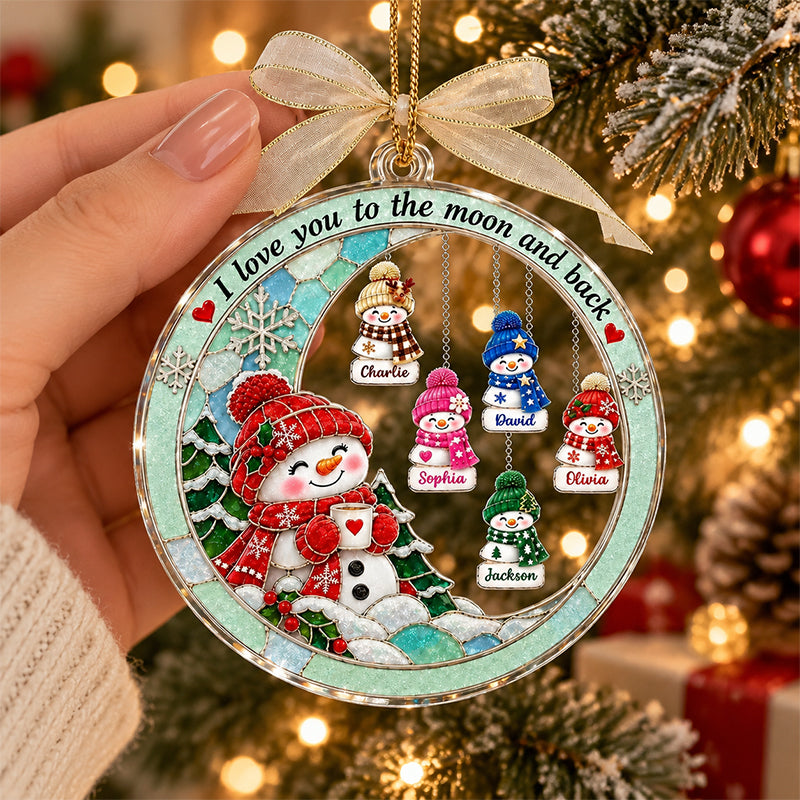 Personalized Acrylic Ornament, Snowman Grandma With Hanging Grandkids in a Snowy Scene, Unique Gift for Grandma
