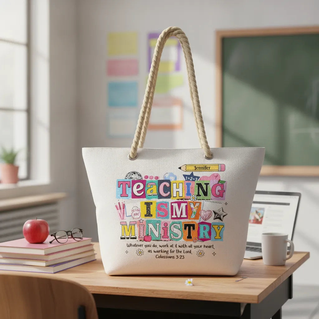 Personalized Beach Tote Bag with Custom Designs & Bible Verses, Creative Inspirational Back-To-School Gift for Teachers