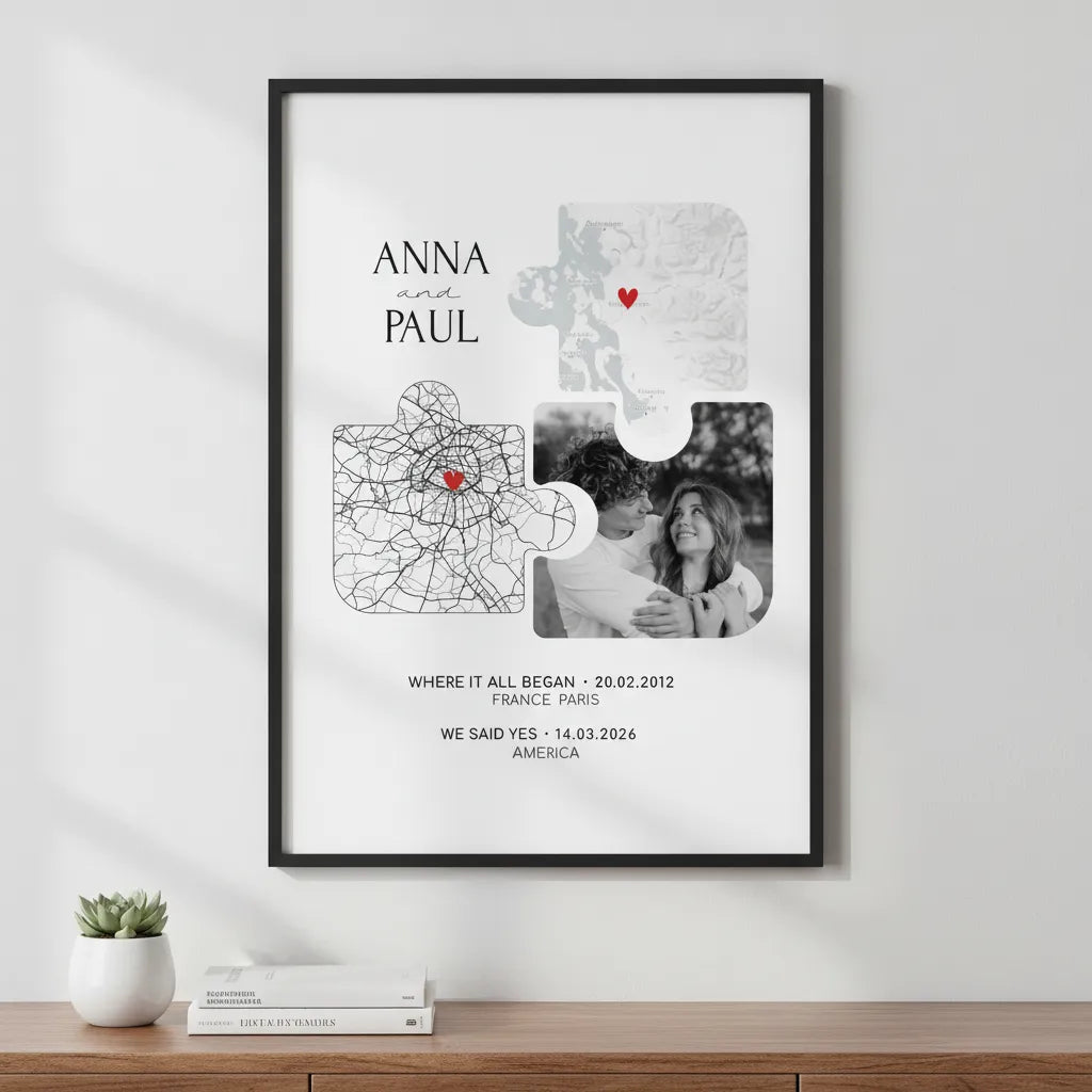 Personalized Puzzle Map Design, Custom Couple Keepsake Art, The Perfect Gift For Lovers(Unframed)