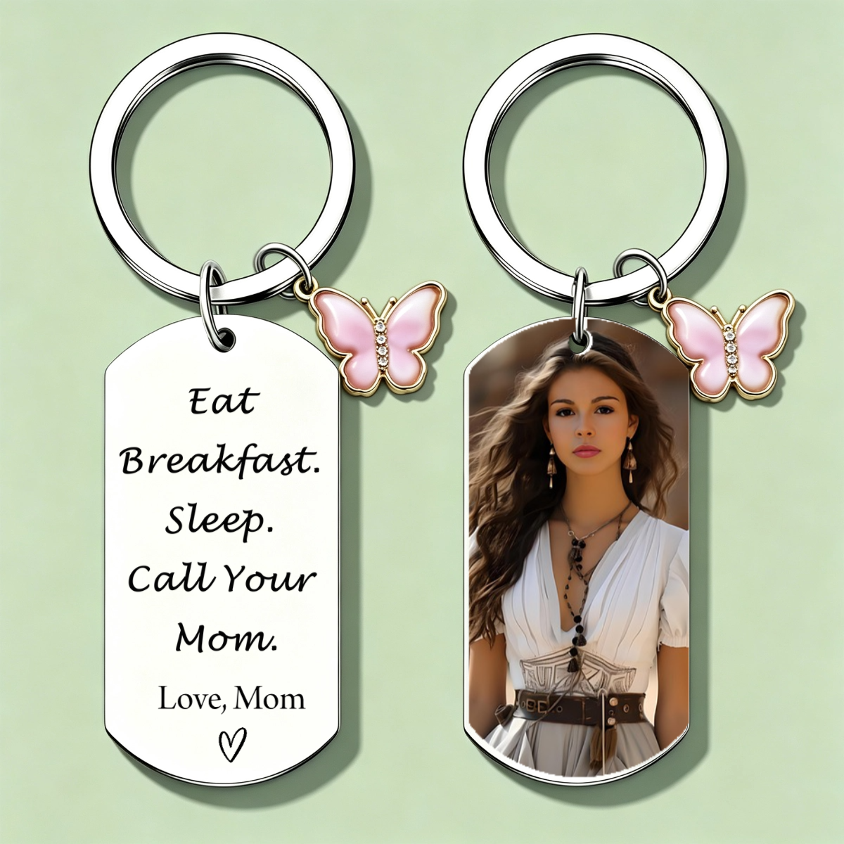Personalized Keychain with Custom Text & Photo, Mom’s Rules to Live – Love, Miss You & Proud of You Engraved Charm