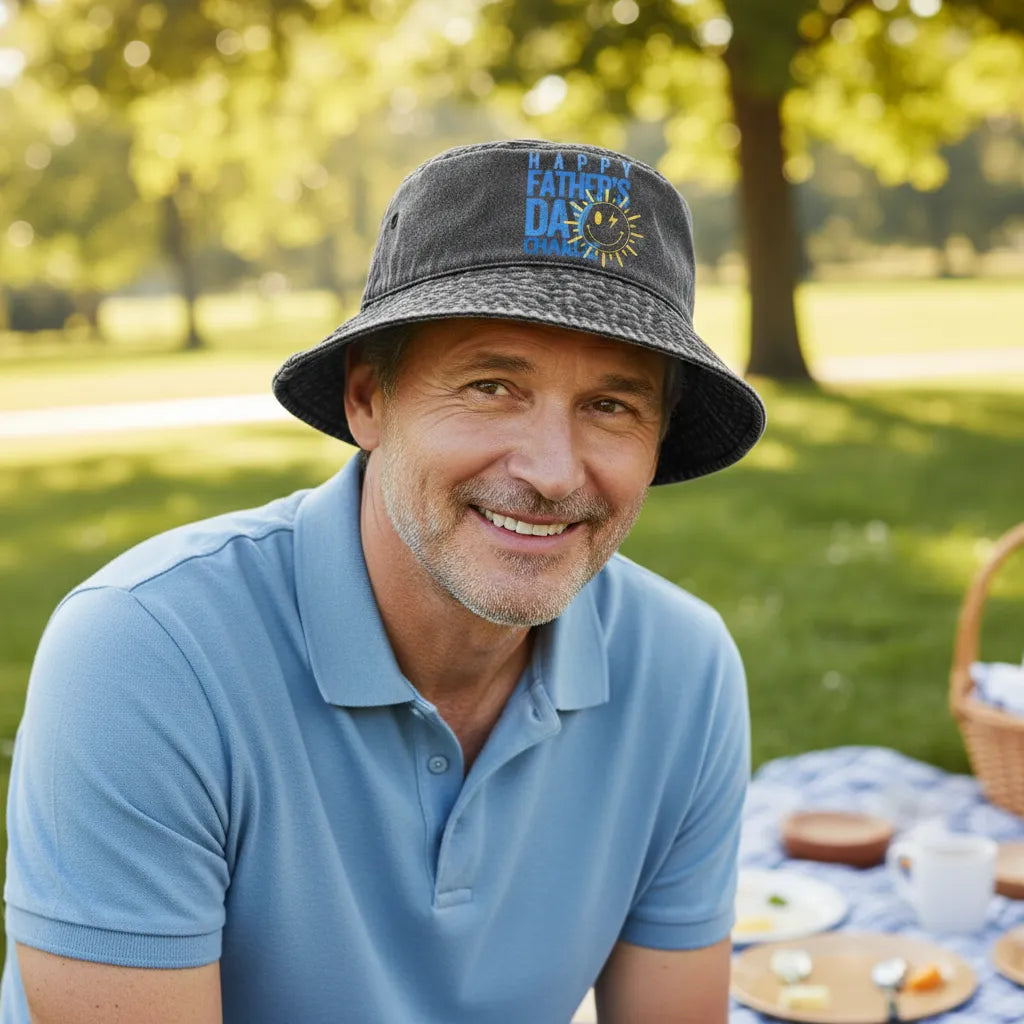 Custom Happy Father's Day Bucket Hat, Personalized Name Washed Denim Cap, Funny Sun Smile Design, Breathable Cotton Hat, Unique Gift for Dad Stepdad Papa