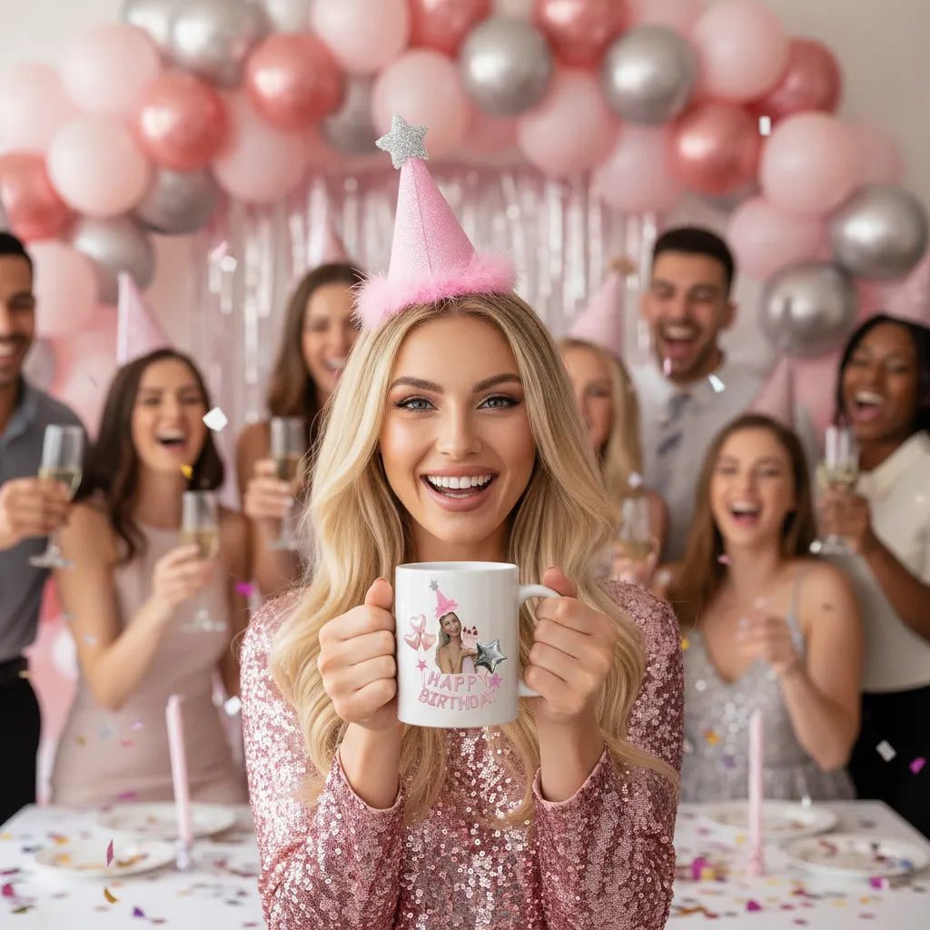 Personalized Birthday Mug, Custom Face Photo Coffee Cup, Happy Birthday Pink Party Mug, Custom Gift for Best Friend, Custom Face Ceramic Mug