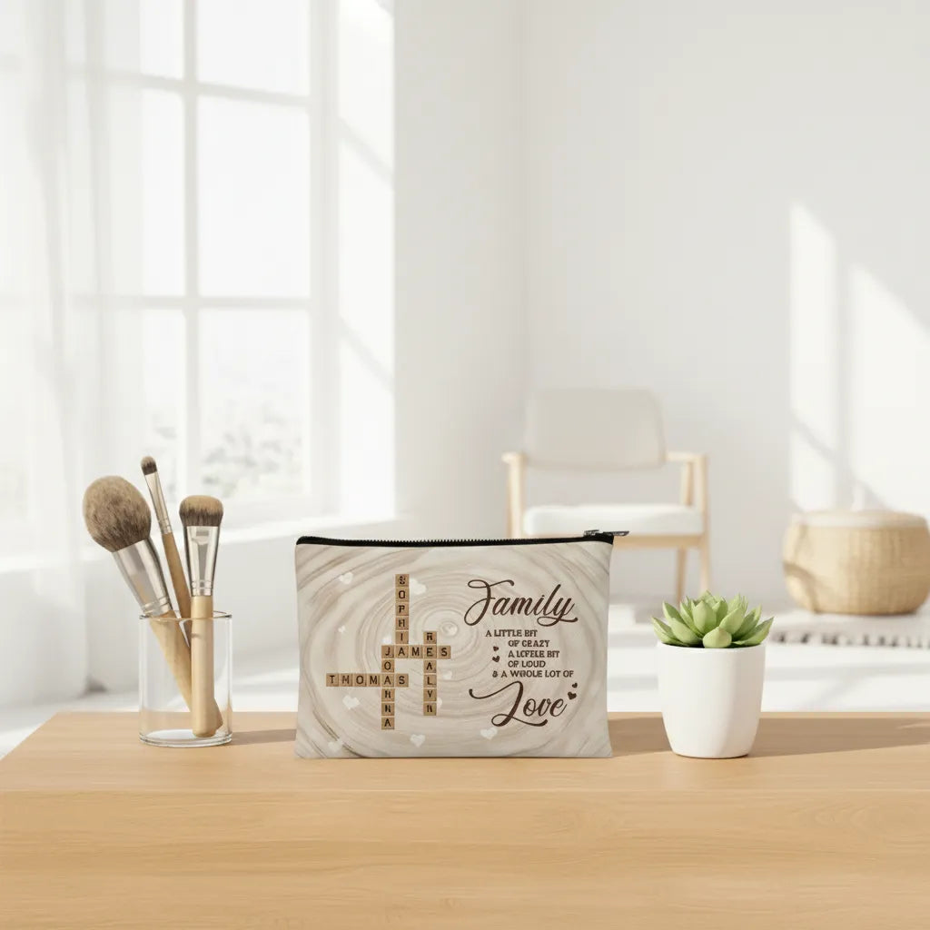 Personalized Names Crossword Art Cosmetic Bag, Rustic Wood Look, Unique Gift for Mom, Family and Anyone for a Whole Lot of Love