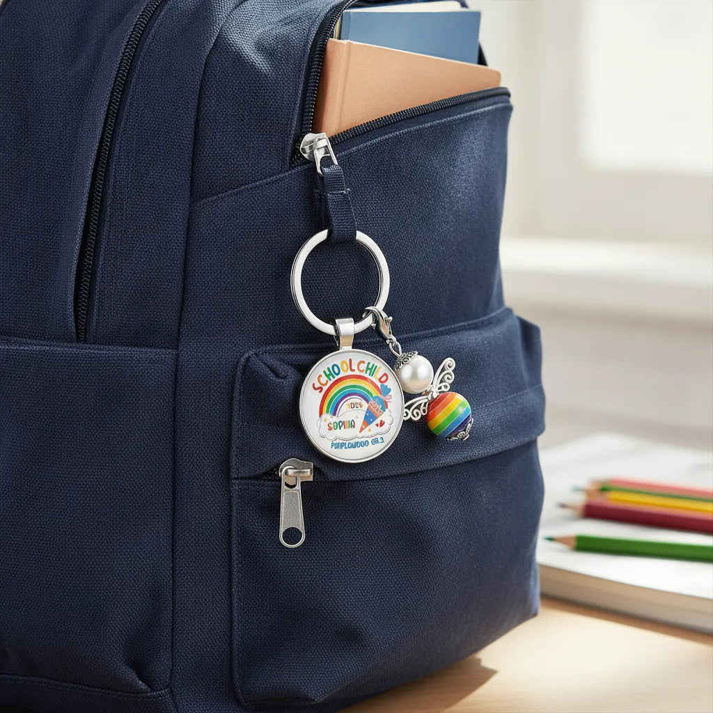 Personalized Rainbow School Child Keychain Design, Custom Name & Grade Keyring Product, Perfect Gift For New Students