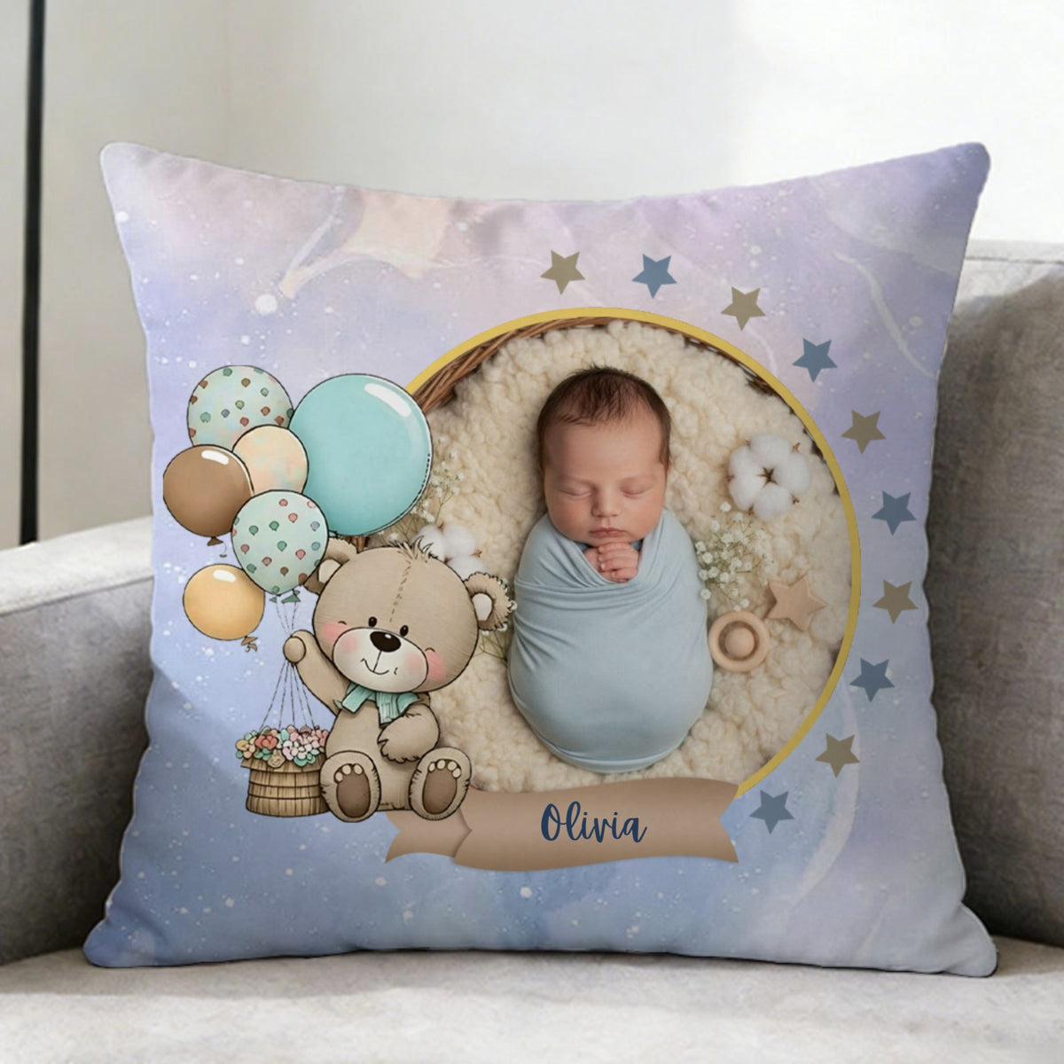 Personalized Teddy Bear and Balloon Pattern Throw Pillow — Custom Baby Pillow, Newborn Gift for Parents, Nursery Decor, Baby Shower Gift