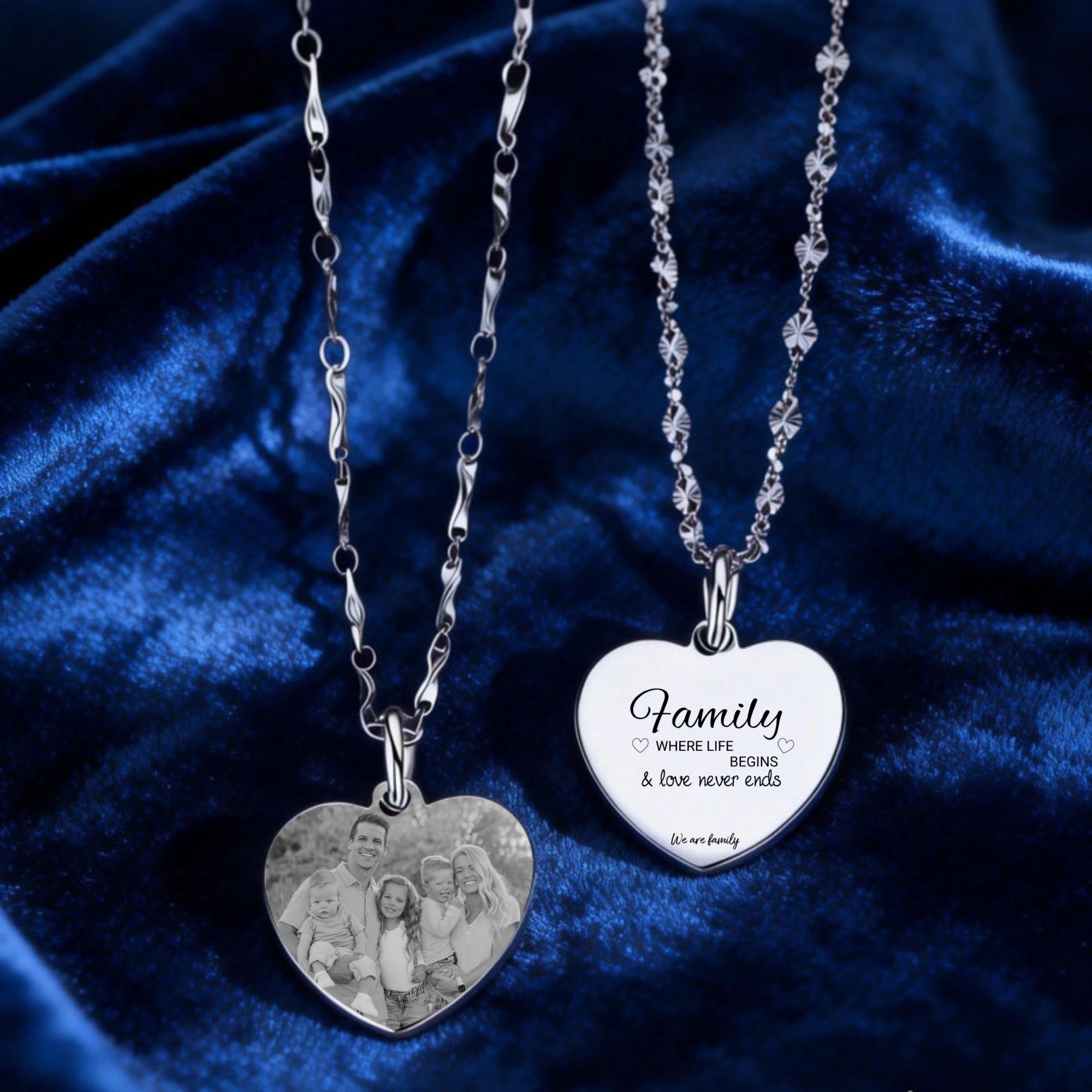 Personalized 999 sterling silver heart-shaped necklace, customized with family photos, a perfect gift for family reunions, anniversaries, and Christmas.