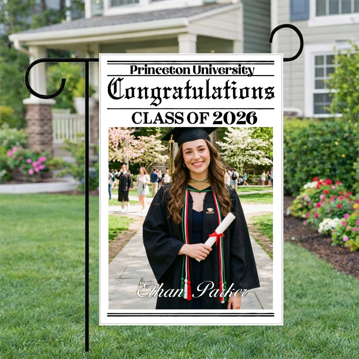 A Garden Banner With A Personalized Graduation Photo—The Perfect Gift For Graduating Students