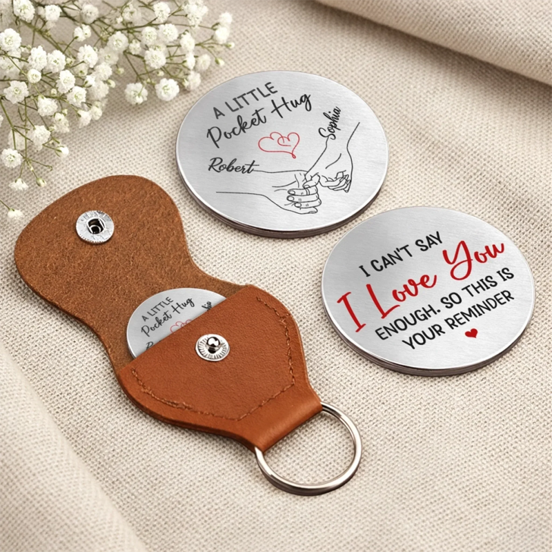 Personalized Leather Keychains, Custom-Engraved Stainless Steel Pocket Hugs—Perfect Gifts For Husbands And Wives, For Him And Her, Representing A Lifelong Commitment, Anniversaries, And Valentine's Day.