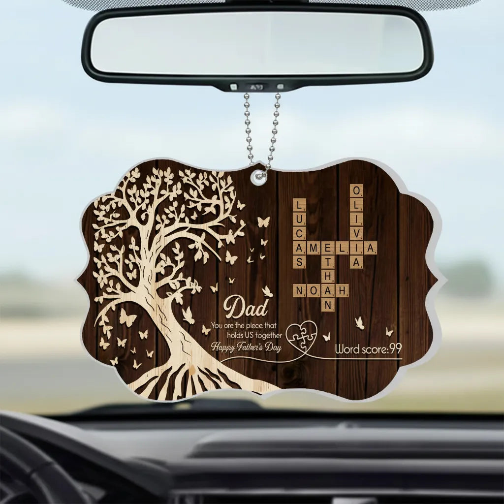 Personalized Crossword Puzzle Car Charm – "You Are the Piece That Holds Us Together" – Custom Name & Word Score – Perfect Gift for Dad, Grandpa, or Family