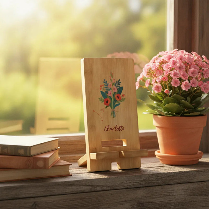 Custom Constellation Phone Stand, Personalized Name & Birth Flower Desk Holder, Wooden Cell Phone Stand, Unique Birthday Gift for Her