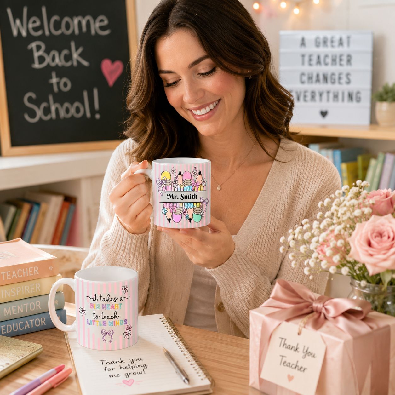 Personalized Custom Mug with Quote "Teaching young hearts requires a vast heart of love", Heartfelt Back-To-School Gift for Educators