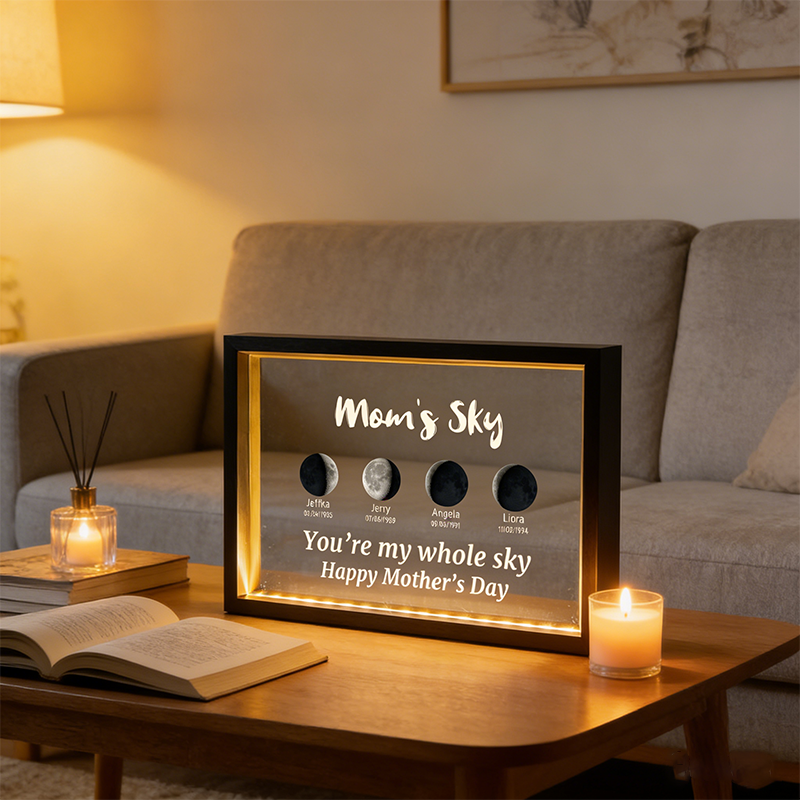 Mom's Sky Moon Phase LED Night Light, Personalized Custom Name & Birth Date, Kids Quantity Optional, Emotional Quote Selection, Mom Gift for Mother’s Day, Home Decor, Romantic & Heartwarming