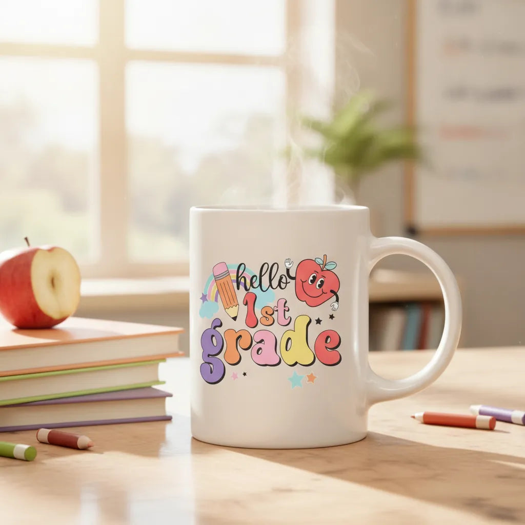 Cute "Hello 1st Grade" Teacher & Student Coffee Mug – Retro Back to School Gift, First Day of School Keepsake